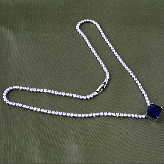 Luxelink Classic Blue Stone Pendant Iced Out Tennis Necklace